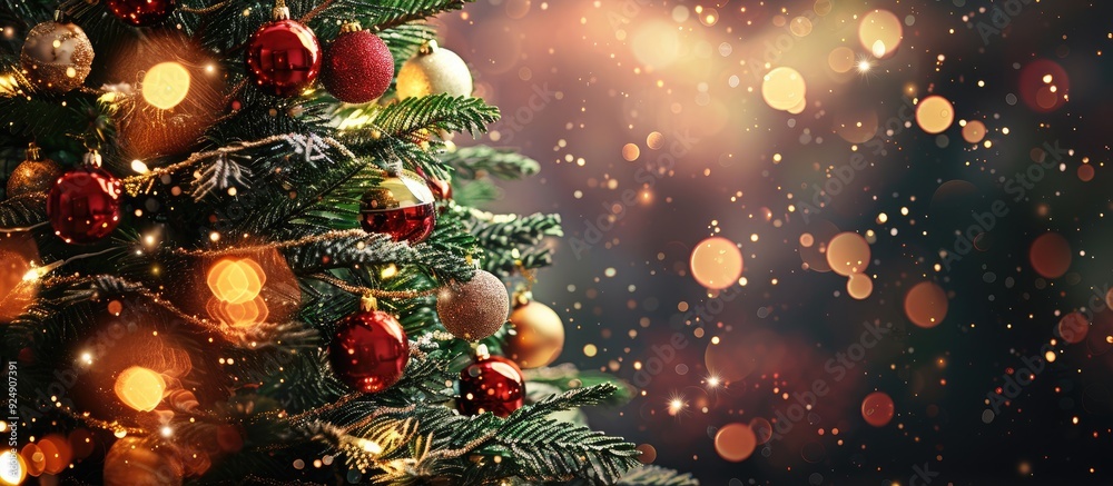 Poster festive christmas tree adorned with decorations set against a charming christmas backdrop perfect fo