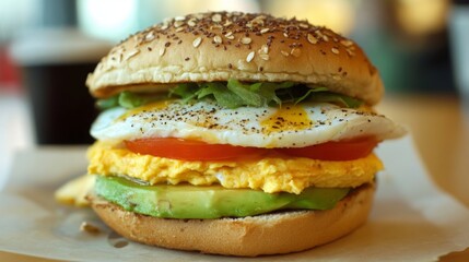 A hearty breakfast sandwich features an egg, avocado, lettuce, and tomato layered on a fresh sesame seed bun, all set against a vibrant cafe background.