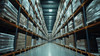 A large, organized warehouse with tall shelves stocked with various goods. The perspective shows an endless row of products in a modern facility.