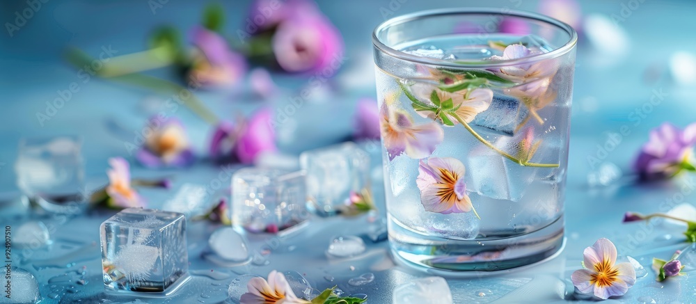 Poster Table with a glass of water and decorative ice cubes with flowers floating in it providing a copy space image