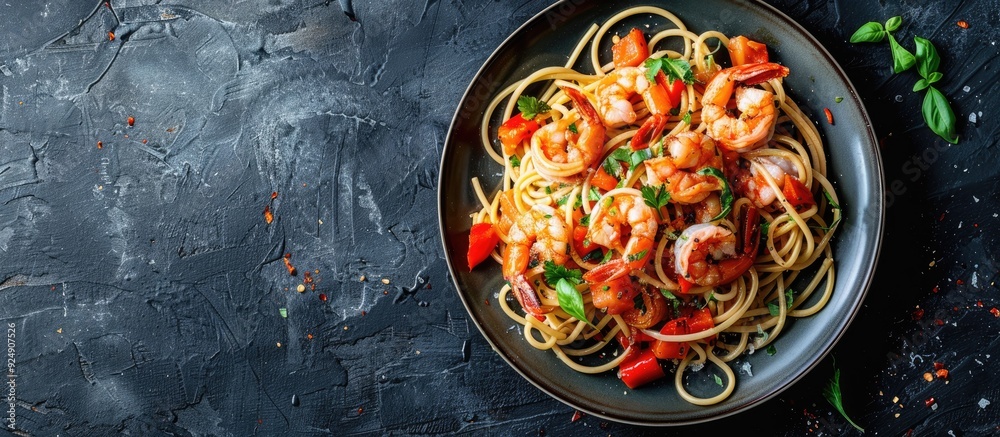 Poster Top view of a plate of spaghetti shrimp scampi against a dark background with ample copy space image available