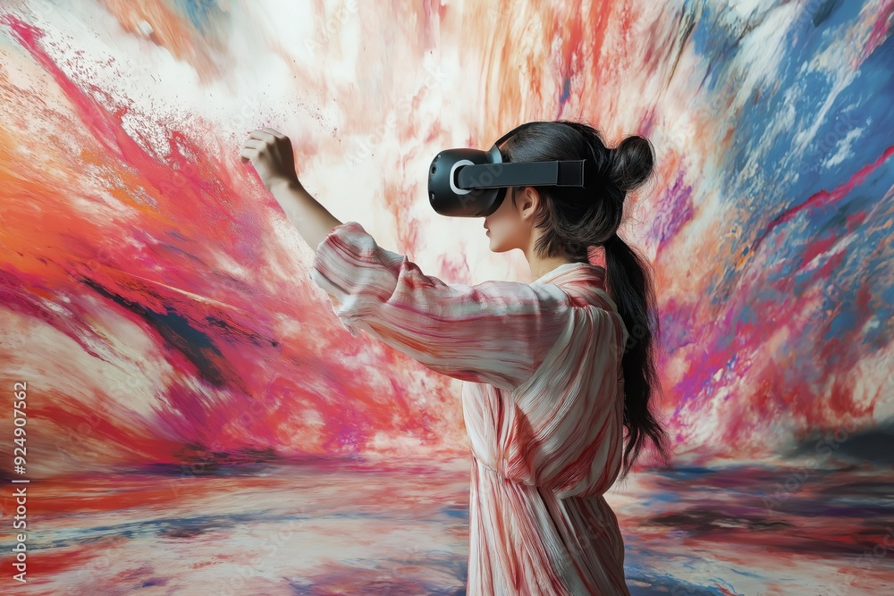 Wall mural Artist painting in 3D space using VR technology