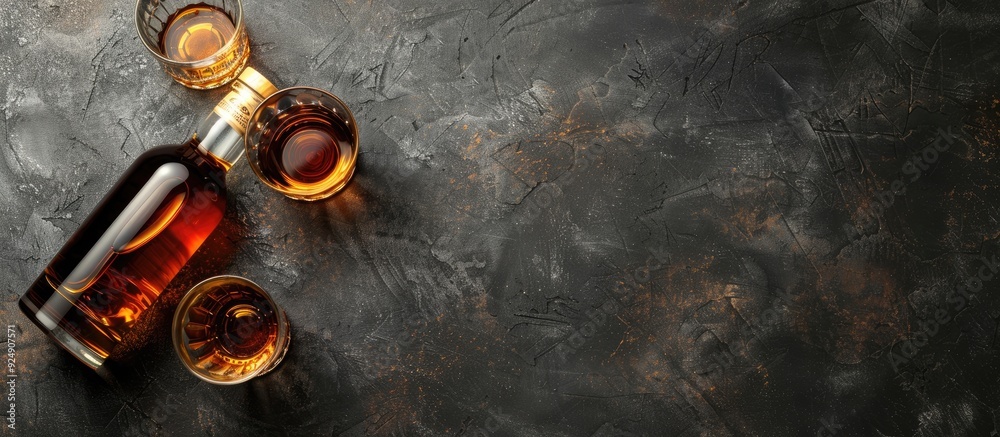 Poster Top view flat lay of a Scotch whiskey bottle and glasses displayed on a stone table with a reserved area for additional content known as copy space image
