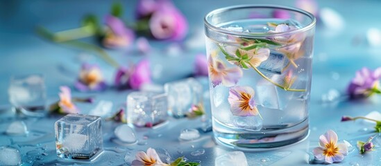 Table with a glass of water and decorative ice cubes with flowers floating in it providing a copy space image