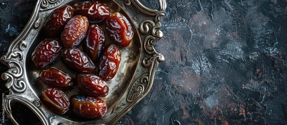 Poster Top view of dried dates placed on a shiny silver tray with empty space in the image for customization. Creative banner. Copyspace image