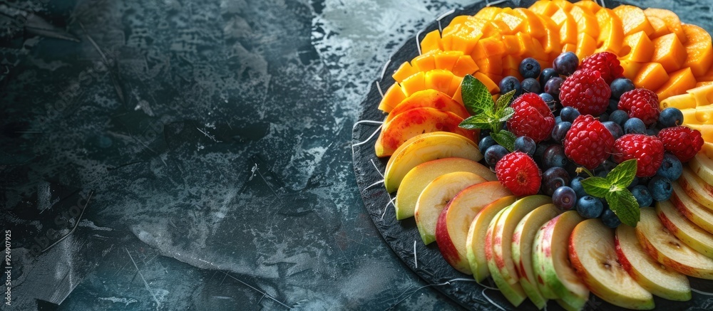 Fototapete Hard cheese slices arranged on a board with fruit create an enticing display in the copy space image