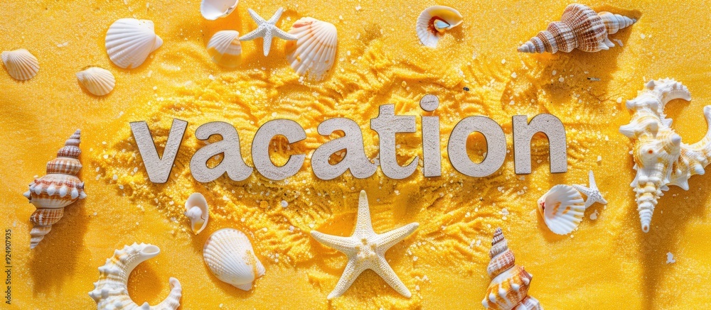 Aufkleber the word vacation written on sandy beach with shells starfish representing resort beach vacation on 