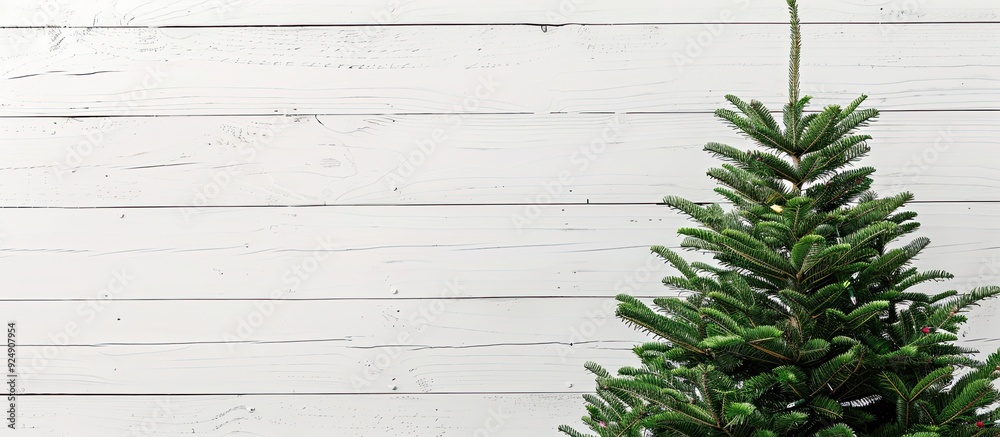 Poster festive christmas fir tree displayed against a white wooden backdrop with copy space image