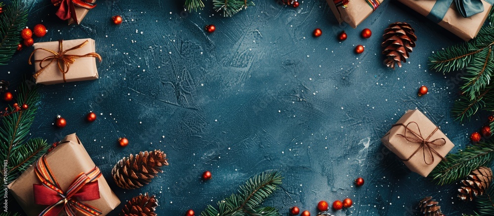 Poster festive christmas decor featuring fir branches gift boxes creating a charming holiday backdrop suita