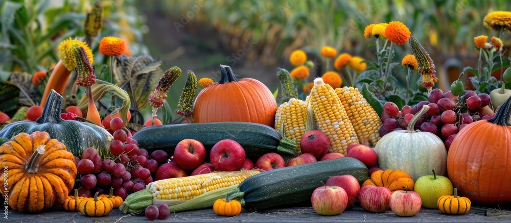 Sticker a variety of pumpkins zucchinis corn and apples displayed outdoors on the farm a fall arrangement wi