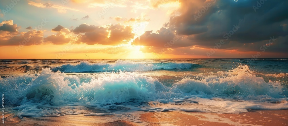 Poster Scenic seascape at dusk with waves crashing under a beautiful cloudy sky Ideal for travel and tourism themes with a nature inspired copy space image for wallpaper design