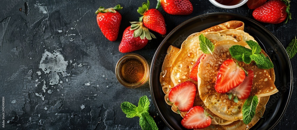 Poster traditional moroccan baghrir served with honey strawberries and mint arranged as moroccan pancakes i
