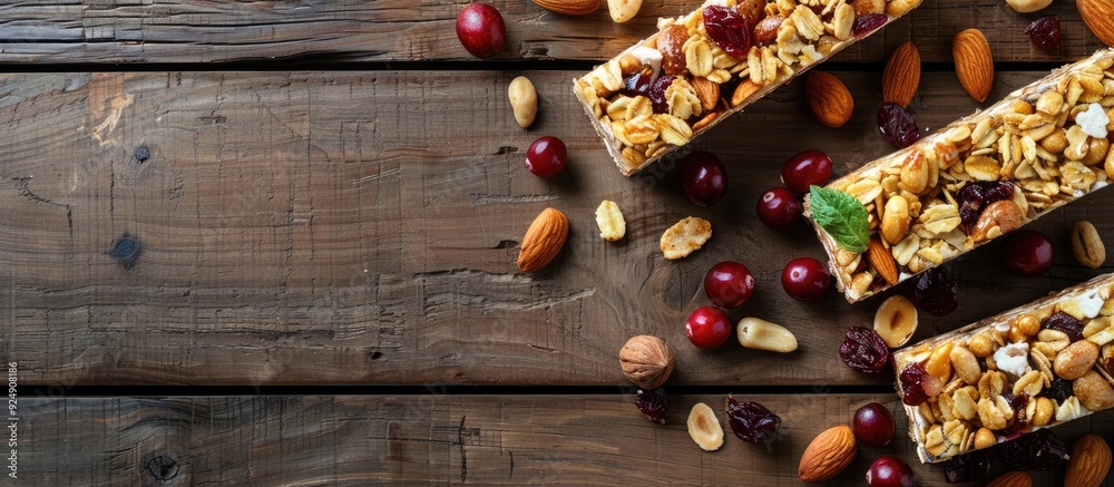 Aufkleber a selection of granola bars with nuts cereals and cranberries is arranged on a wooden table it is a 