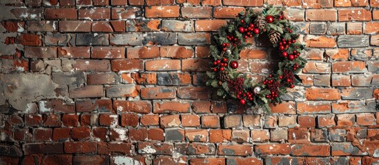 Rustic brick wall background with a Christmas wreath and copy space image