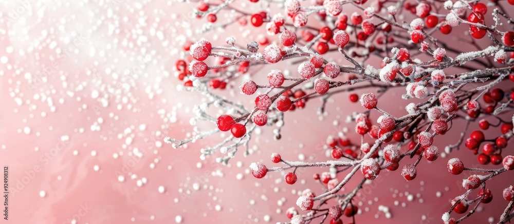 Aufkleber winter themed image with space for text featuring delicate red berries and snowflakes on a soft pink