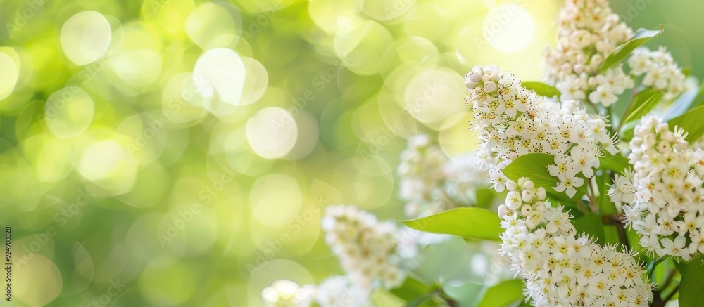 Poster white spirea branches in bloom against a blurred green backdrop with room for text copy space image