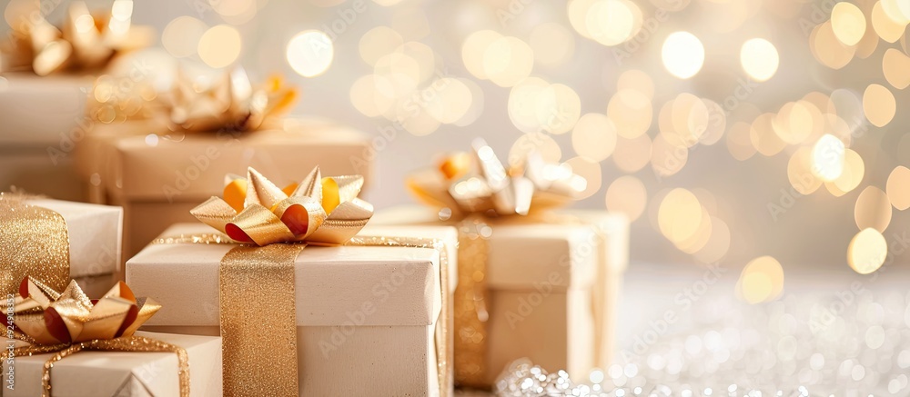 Aufkleber gift boxes adorned with bows on a softly blurred white backdrop embodying a festive essence with a b