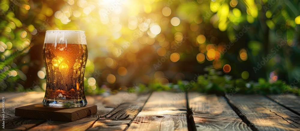 Poster Focused on a beer placed on a wooden table in a garden setting with a blurred background ideal for a copy space image