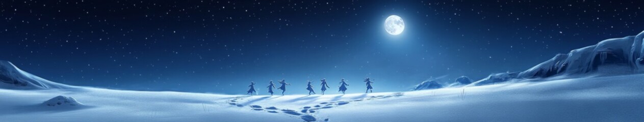 Obraz premium Winter Moon's Enchantment: A Whimsical Dance of Elves on a Snowy Canvas, Leaving a Trail of Silver Footprints,Anime style, storybook illustrations, comic strips, book illustrations and picture books,A