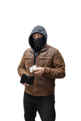 Robber, dangerous hooded criminal man in black mask and brown leather jacket holding stolen wallet...