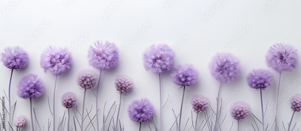 Aufkleber Purple fluffy flowers arranged neatly on a white background with a thick carpet creating a flat lay composition with ample copy space image