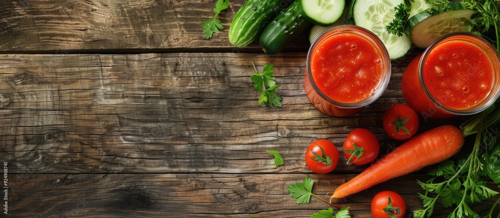 Poster A top down view of a wooden table with a fresh vegetable smoothie made of tomatoes cucumbers and carrots with empty space for text or visuals. Creative banner. Copyspace image
