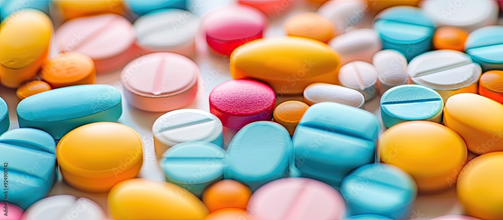 Poster a medication and healthcare concept with a variety of colorful drug tablets placed on a white backgr