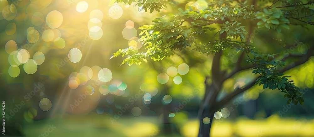 Fototapete The photograph captures a refreshing warm feeling with green and white circular bokeh around a tree taken in the morning sunlight Ideal for a copy space image