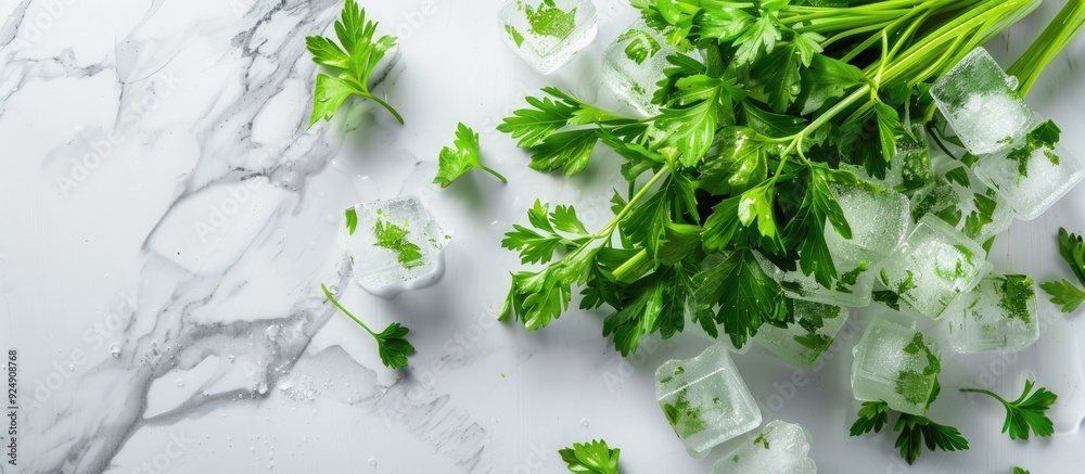 Leinwandbilder Fresh parsley and parsley ice cubes frozen for cooking displayed on a marble surface with a selective focus top view and blank space for text or images. Creative banner. Copyspace image