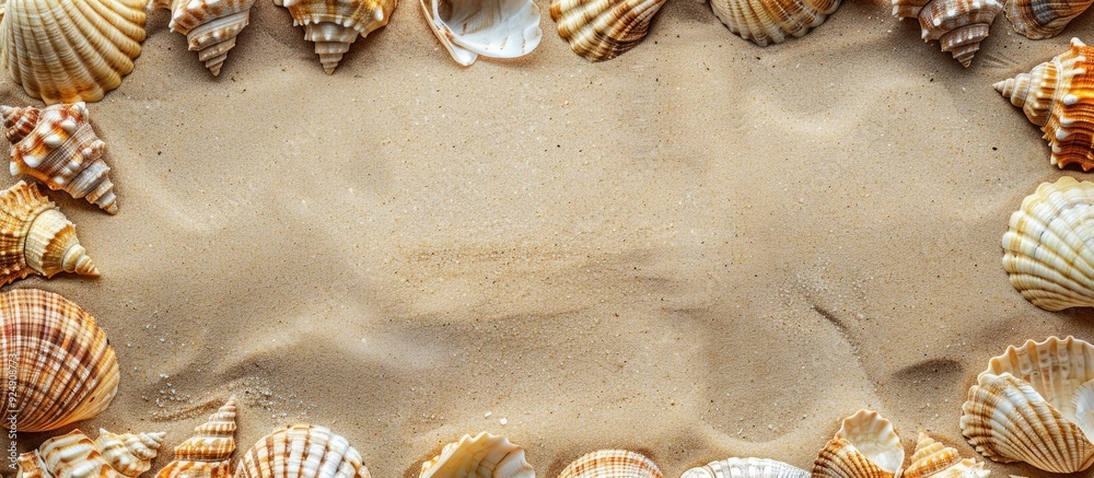 Aufkleber An elegant photo frame adorned with golden sea shells on a sandy background perfect for a copy space image