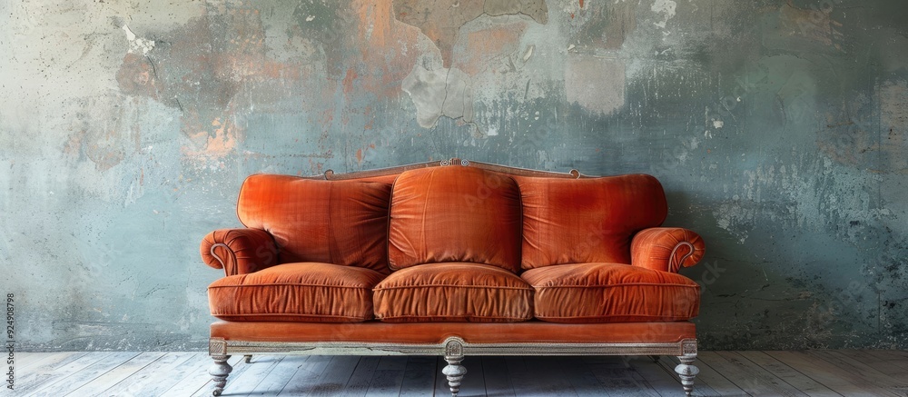 Aufkleber retro orange couch set against a weathered wall in a vintage style room with a rustic setting and co