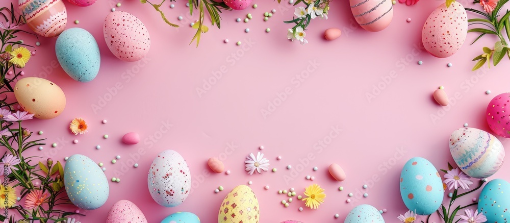 Poster flat lay view of easter decorations creating a colorful happy easter holiday background with copy sp