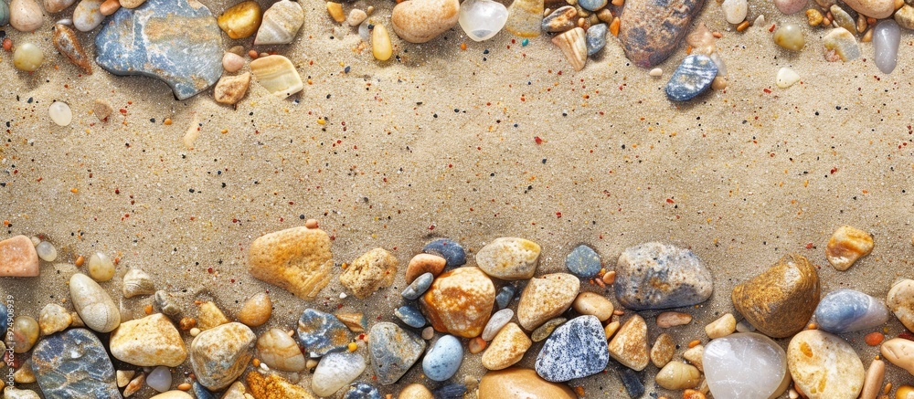 Aufkleber Top view of sand with small multicolored stones offering a natural and serene appearance in a copy space image