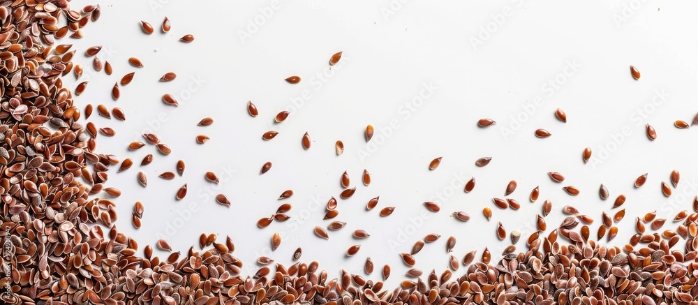 Poster Flax seeds scattered on the edge of a frame on white backdrop with copy space image