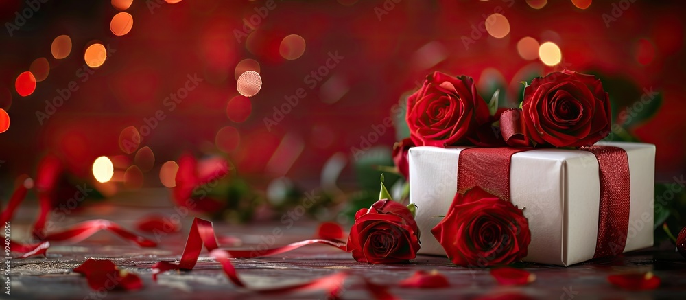 Poster festive image with a gift box adorned with a red ribbon bow and red roses suitable for valentine s d