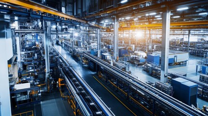 Fototapeta premium Advanced manufacturing plant with automated machinery and equipment, showcasing a modern industrial production environment.