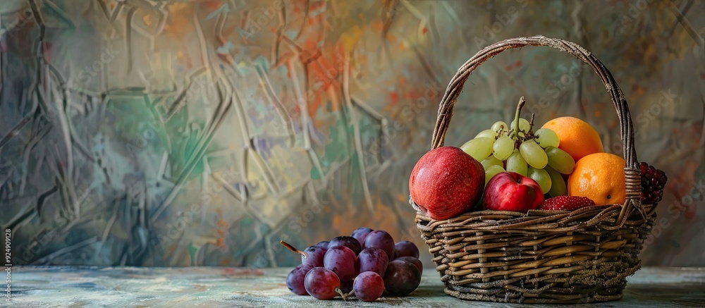 Poster Selection of fruits in the basket creates a rustic display with copy space image