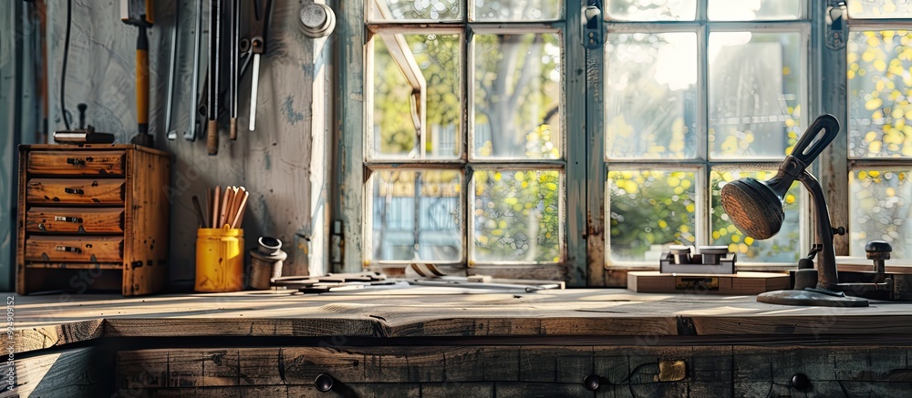 Poster Tools displayed on a wooden desk next to the window with copy space image