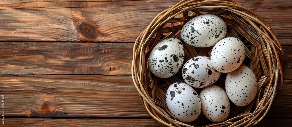 Poster Eggs from ducks arranged in a basket woven from rattan with copy space image available