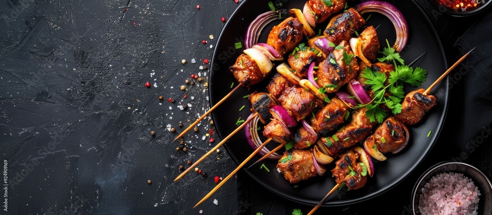 Aufkleber a raw marinated kebab with onions and spices displayed on a black plate in a top view with available