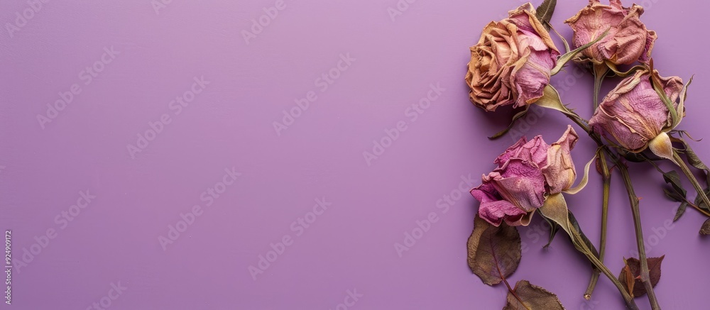 Aufkleber Top view of a dried rose arrangement on a purple surface with empty space for graphics or text. Creative banner. Copyspace image