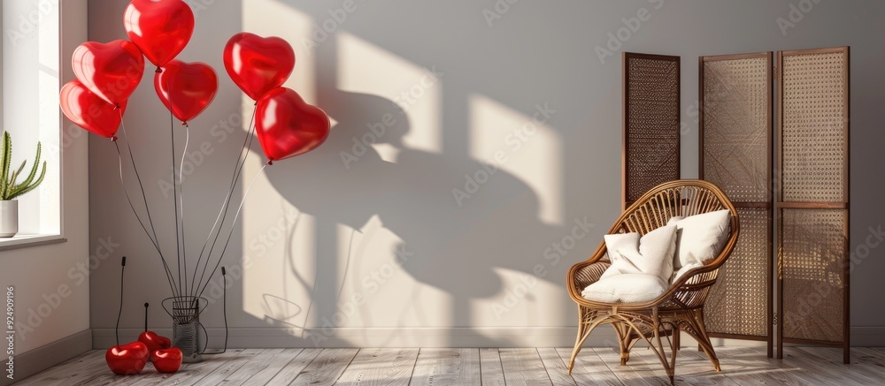 Poster valentine s day decor in a living room featuring a chair folding screen and red balloons with a desi