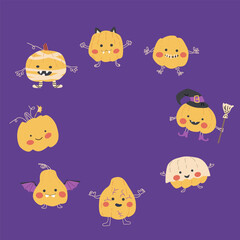 Fototapeta premium Halloween cute frame or border with funny characters, Pumkins in halloween costumes childish design.