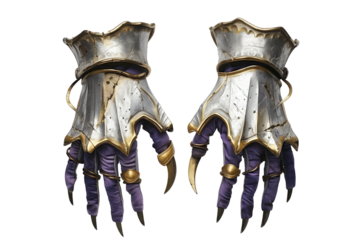 A pair of metallic gauntlets showcasing intricate detailing, purple cloth liners, and gold accents, designed with a blend of historical and fantastical elements, perfect for stock imagery.
