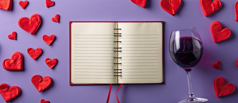Valentine s Day themed flat lay featuring red hearts wine glasses and a notebook on a purple background with copy space image evoking the essence of love and special celebrations
