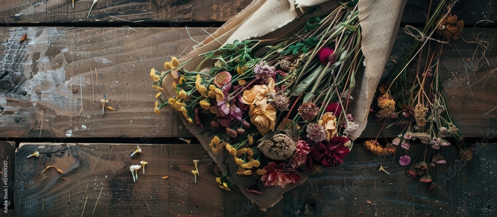 Aufkleber dry flowers arranged beautifully on a napkin against a wooden backdrop with space for adding images.