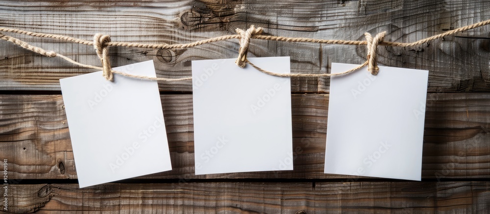 Poster white paper cards hanging from a rope on a wooden backdrop ideal for a copy space image