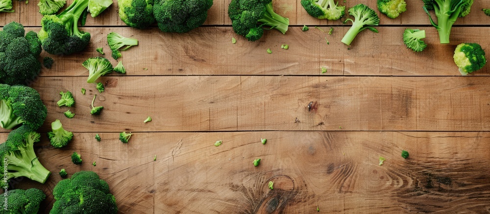 Poster top view of organic broccoli florets on a wooden board with copy space image for added text or eleme
