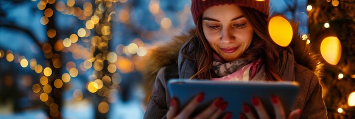 A woman in a warm jacket and hat, using her tablet amidst the enchanting yellow lights, creating a cheerful winter scene.