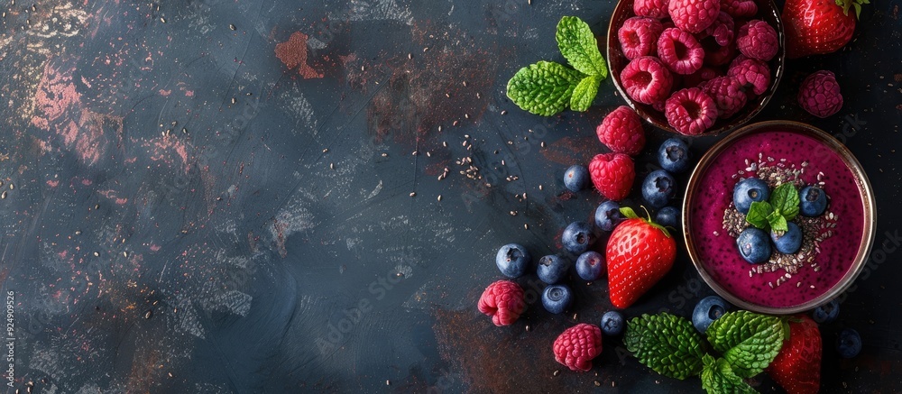 Poster a healthy lactose free diet featuring an organic berry and vegetable smoothie with oatmeal displayed